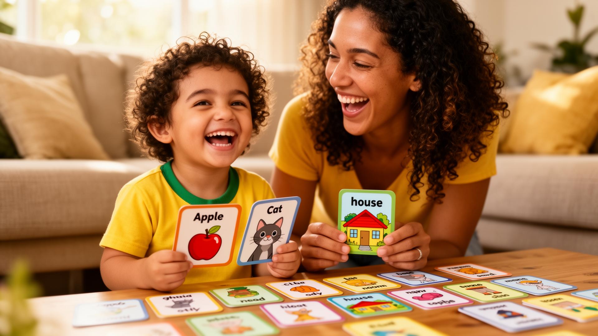 Mãe e filho aprendendo inglês com cartões coloridos