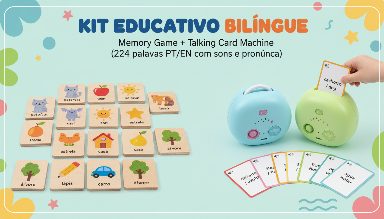 Jogo da Memória bilíngue em MDF e Talking Flash Card incluídos no kit físico
